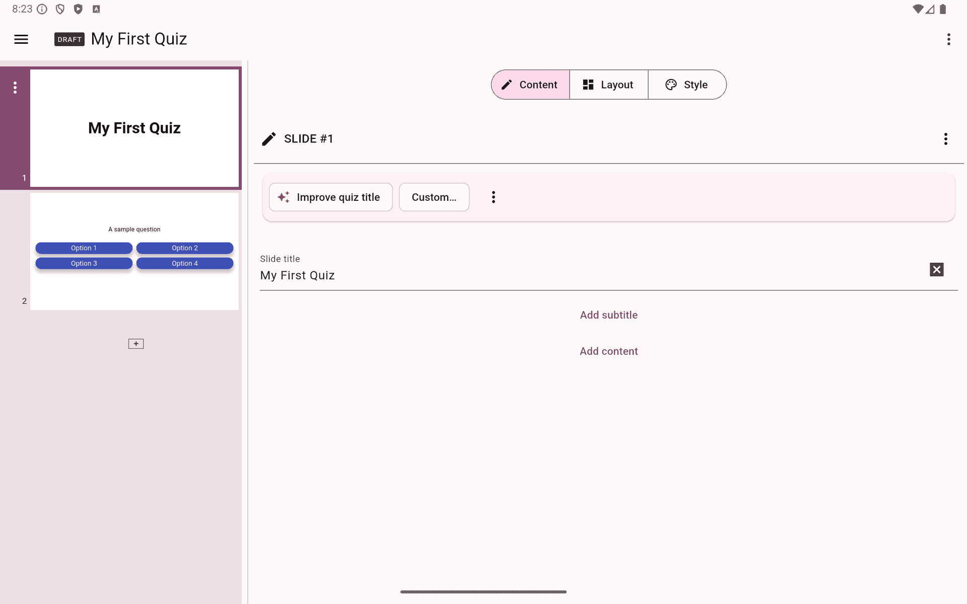 Quiz editor interface