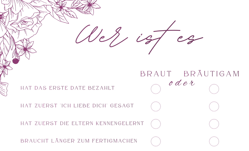 Braut oder Bräutigam - druckbares Hochzeitsspiel